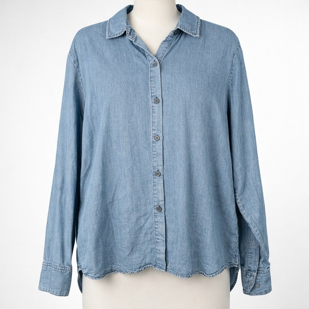 Peruvian Connection Womens Chambray‎ Button Shirt Size L Blue Boho Denim Western